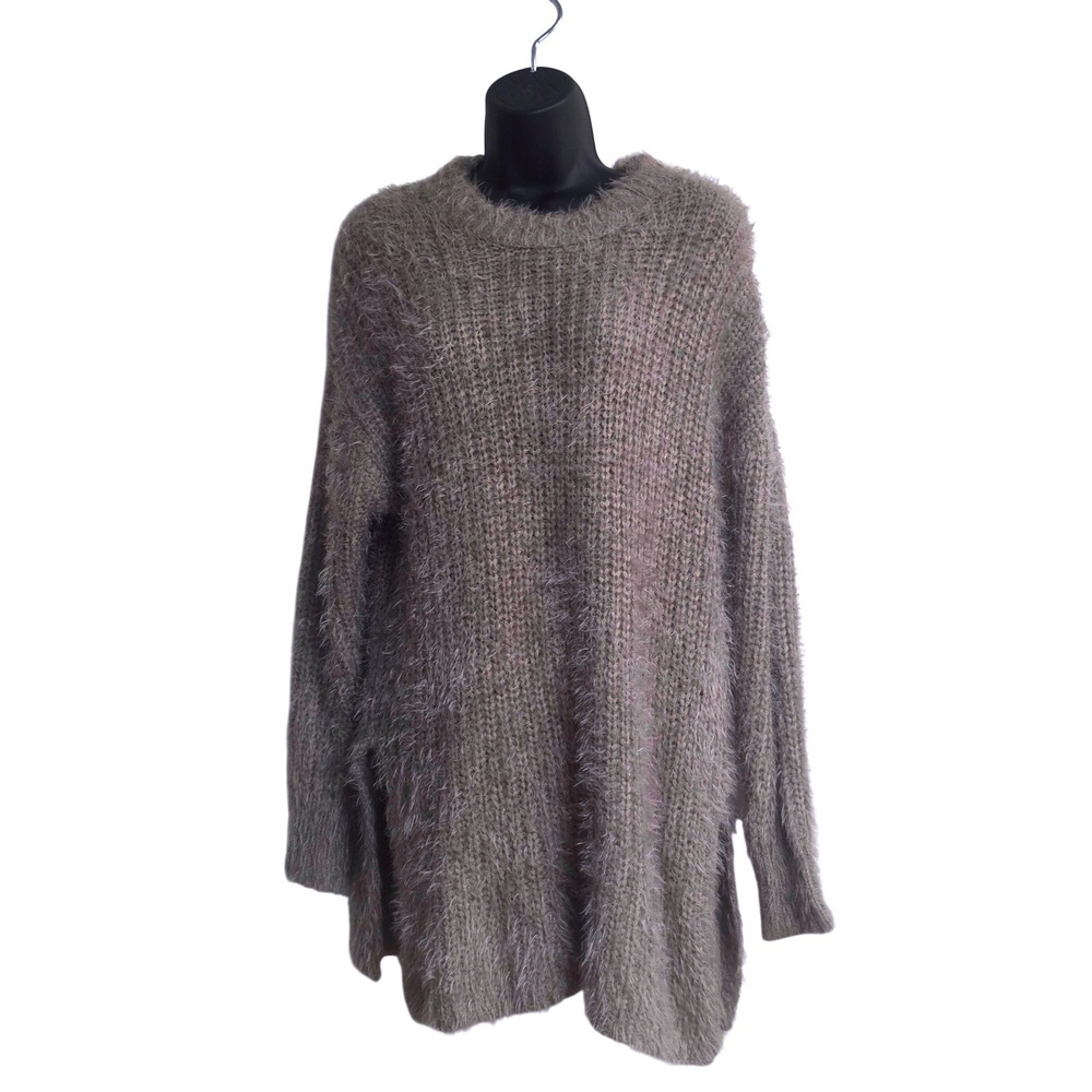 Daytrip Womens Oversized Eyelash Knit Sweater Taupe Brown Fuzzy Pullover M